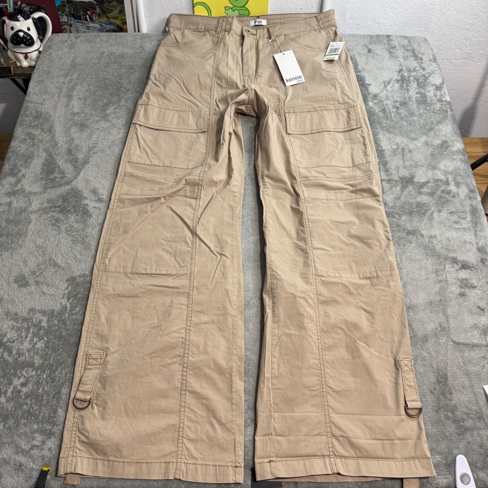 NEW Kensie Jeans Pale Khaki High Rise Wide Leg Cargo Pants Y2K Style Women 14/32
